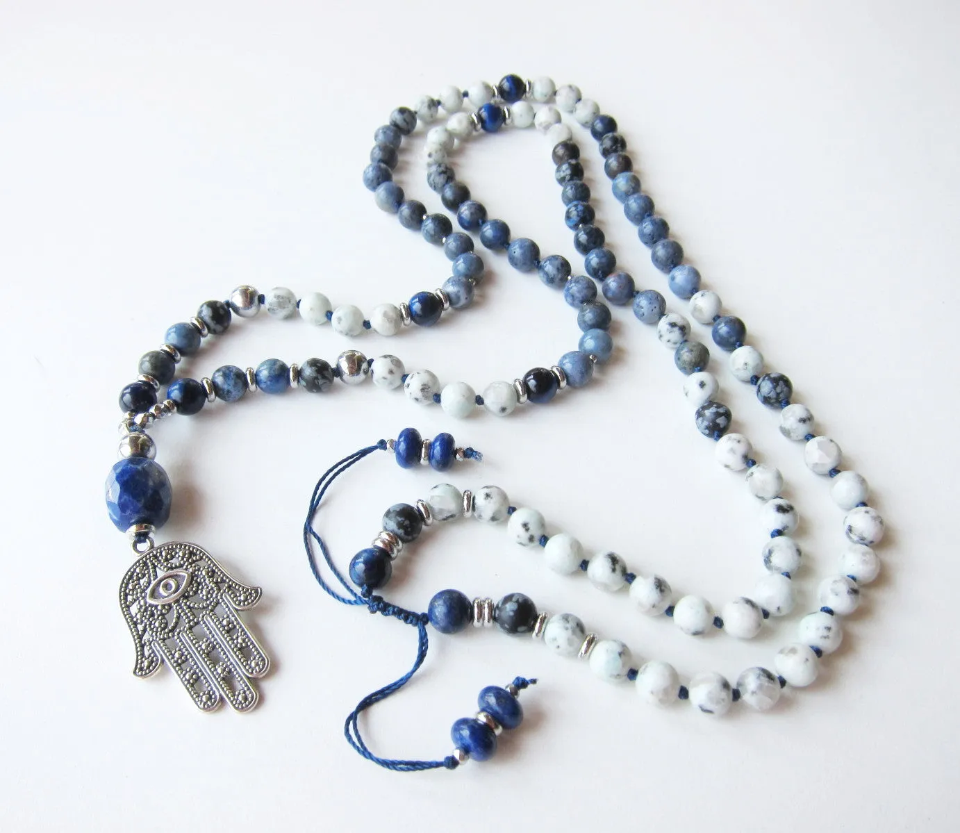 108 Mala Necklace - Love and Patience Blue Hamsa