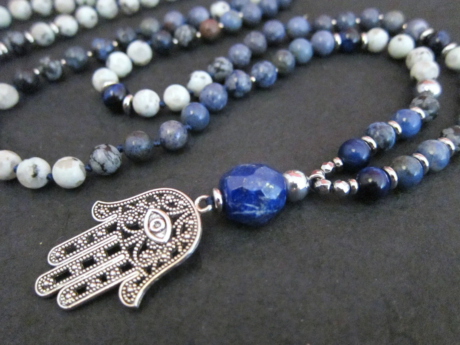 108 Mala Necklace - Love and Patience Blue Hamsa