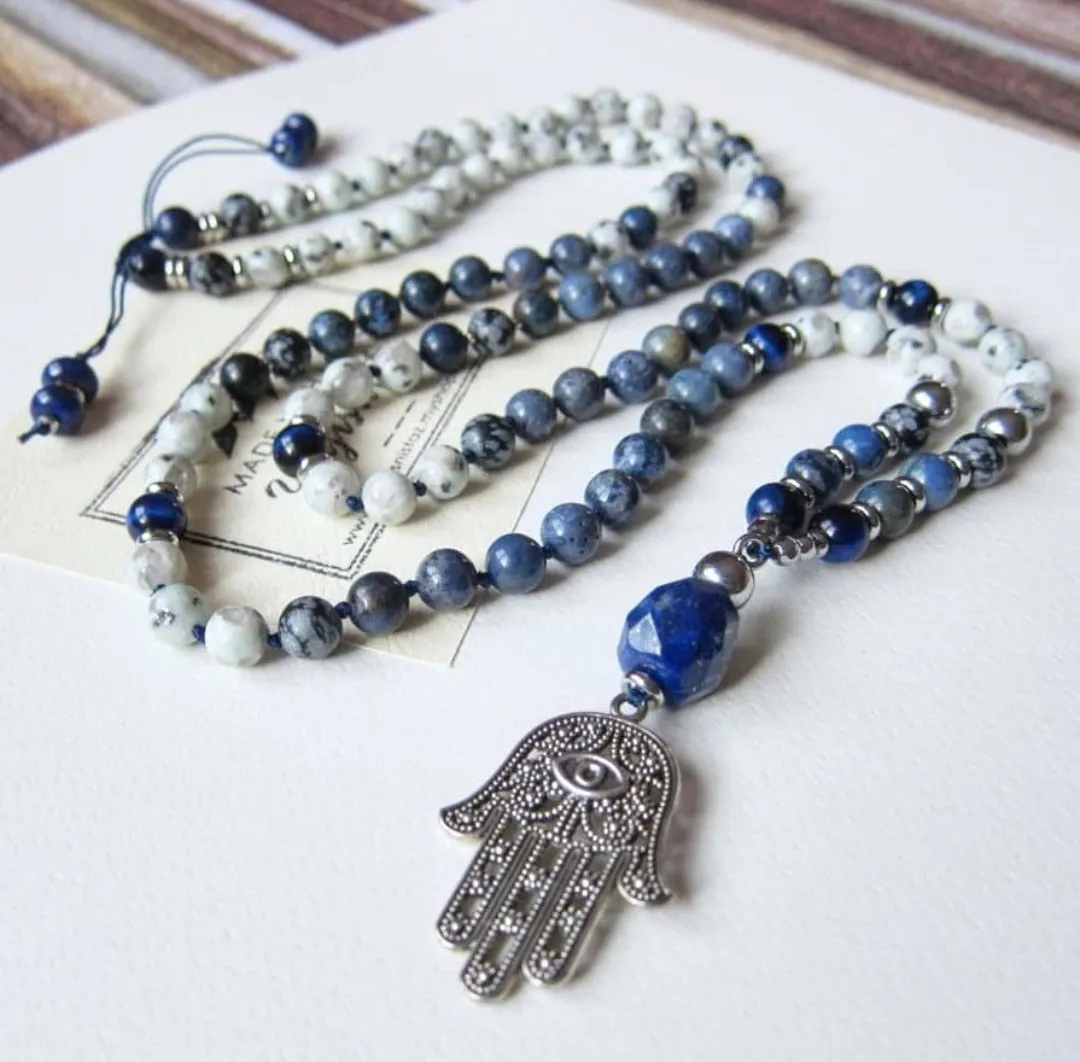 108 Mala Necklace - Love and Patience Blue Hamsa