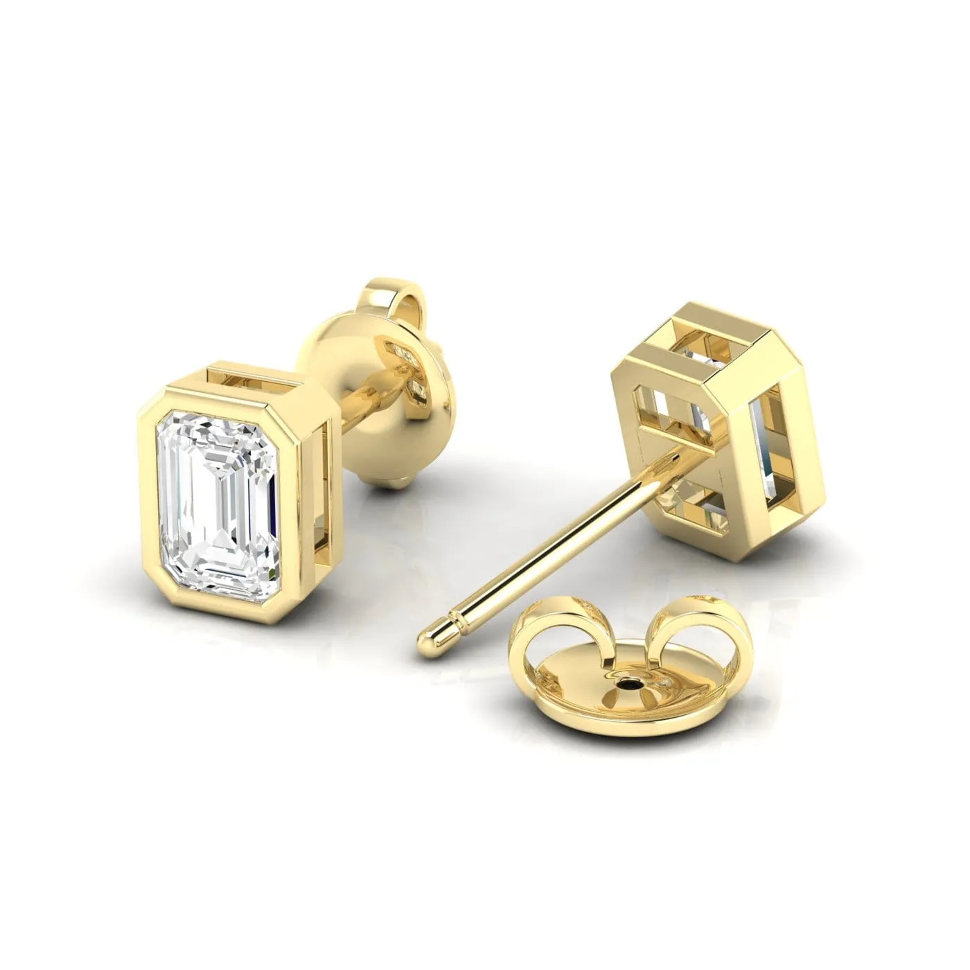 14K & 18K Gold Emerald Cut Bezel Set Diamond Stud Earrings