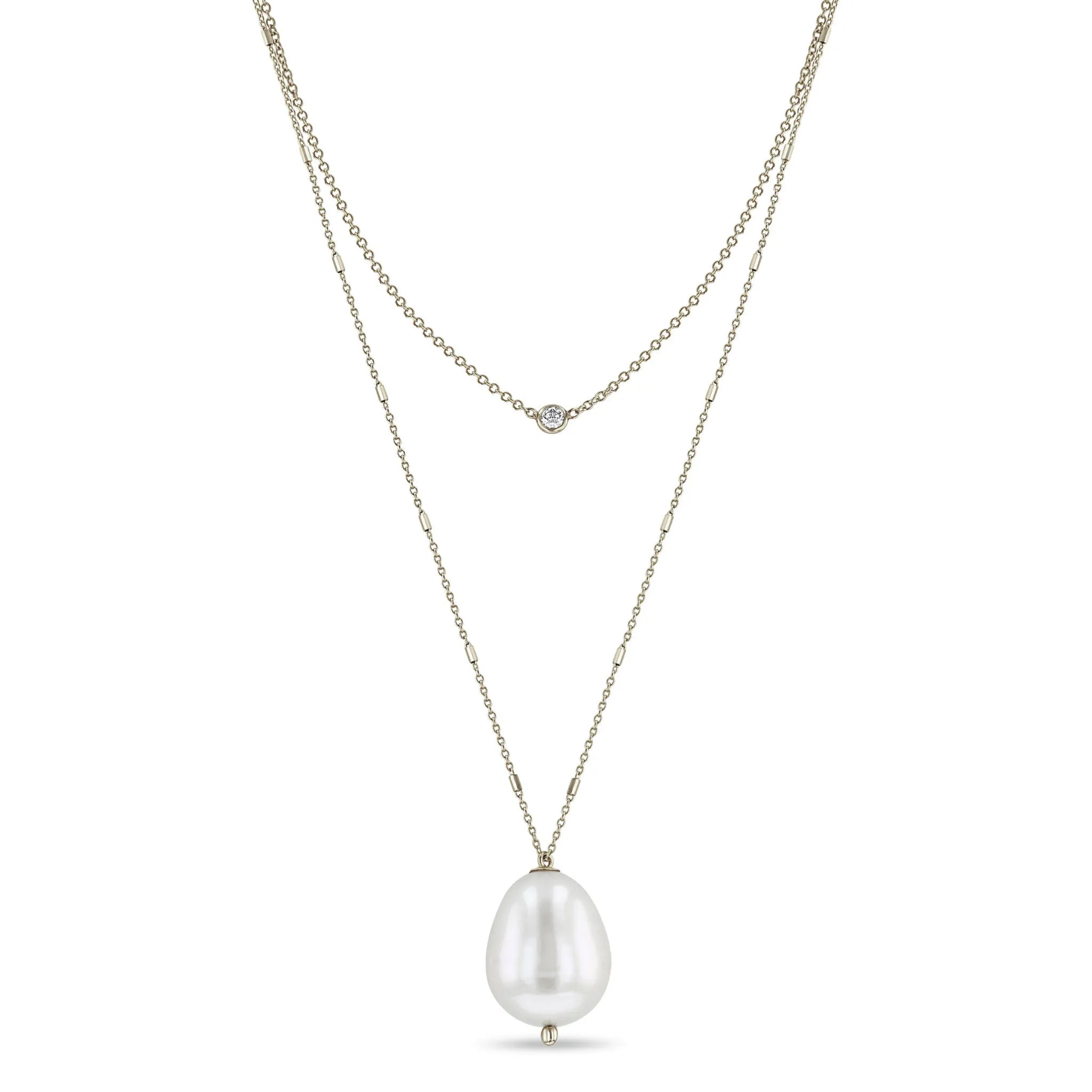 14k Floating Diamond & Large Baroque Pearl Layered Necklace