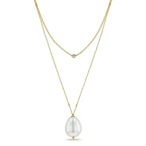 14k Floating Diamond & Large Baroque Pearl Layered Necklace