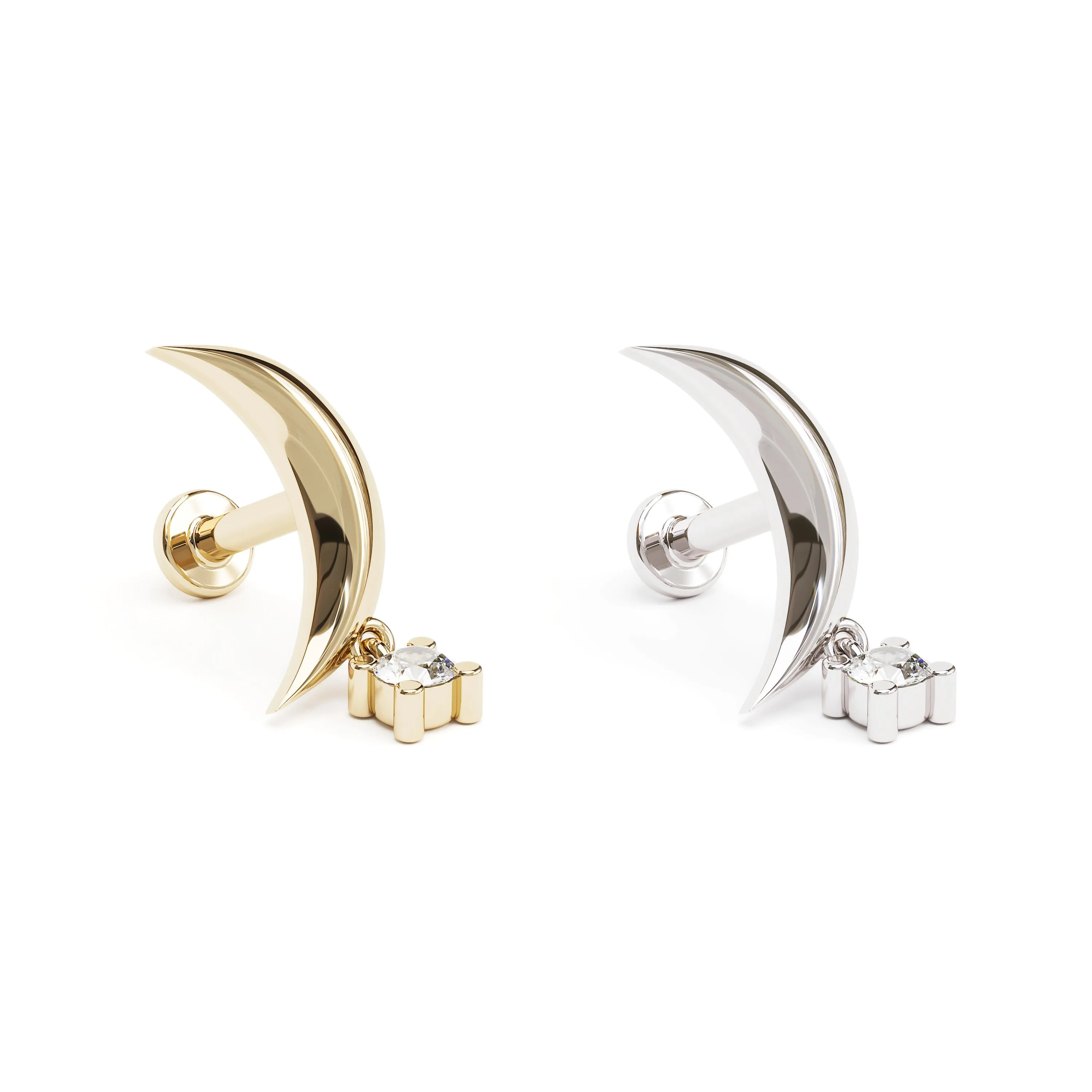 14K Gold Crescent Moon Diamond Dangle Stud