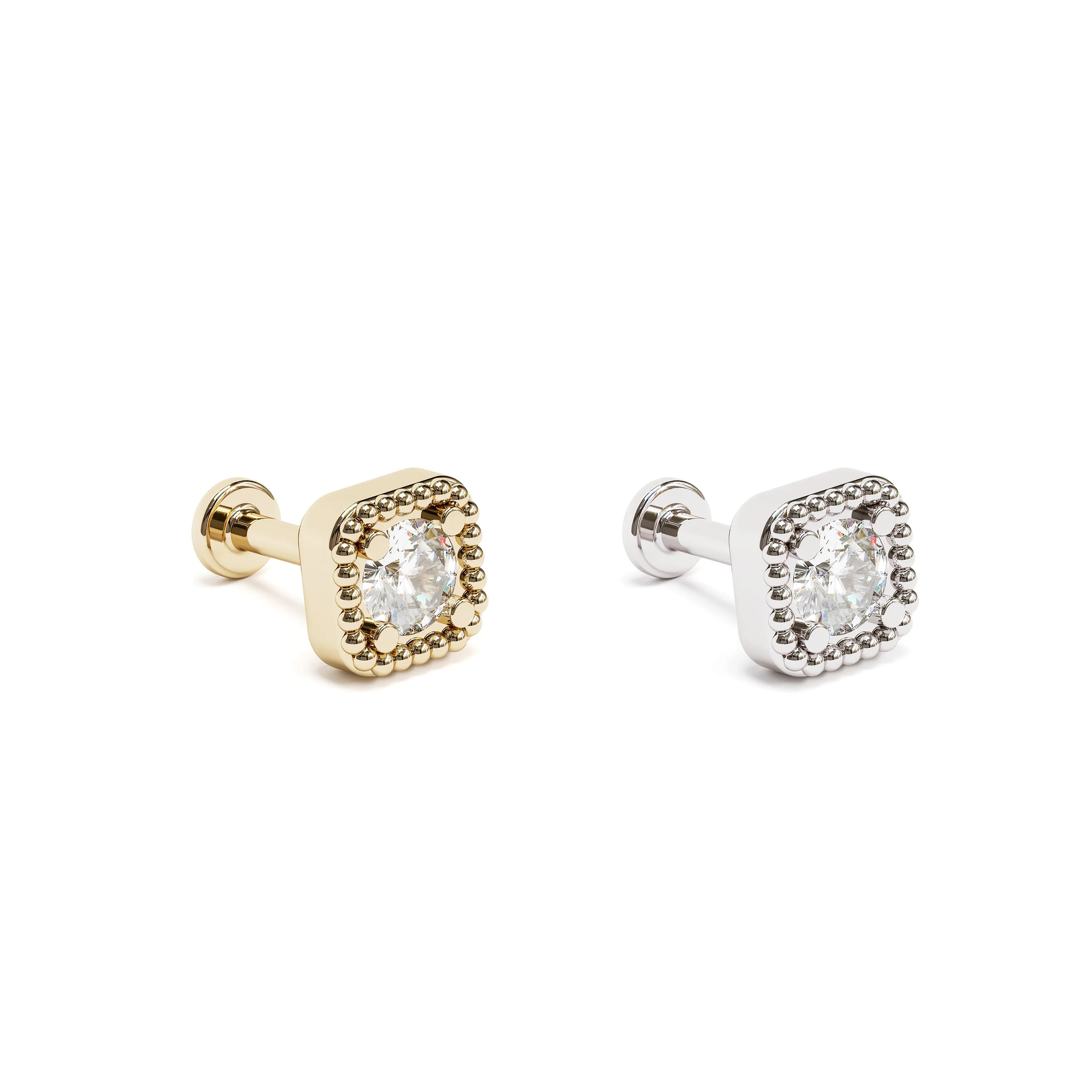 14K Gold Diamond Granule Square Stud