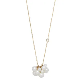 14k Mixed Pearl Cluster Long Necklace with Floating Diamond - SALE