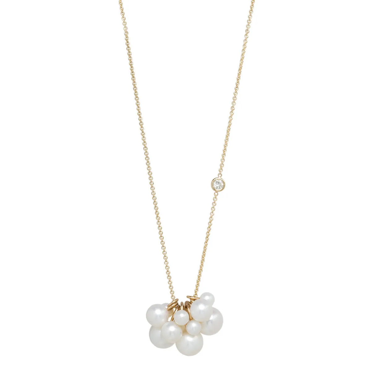 14k Mixed Pearl Cluster Long Necklace with Floating Diamond - SALE