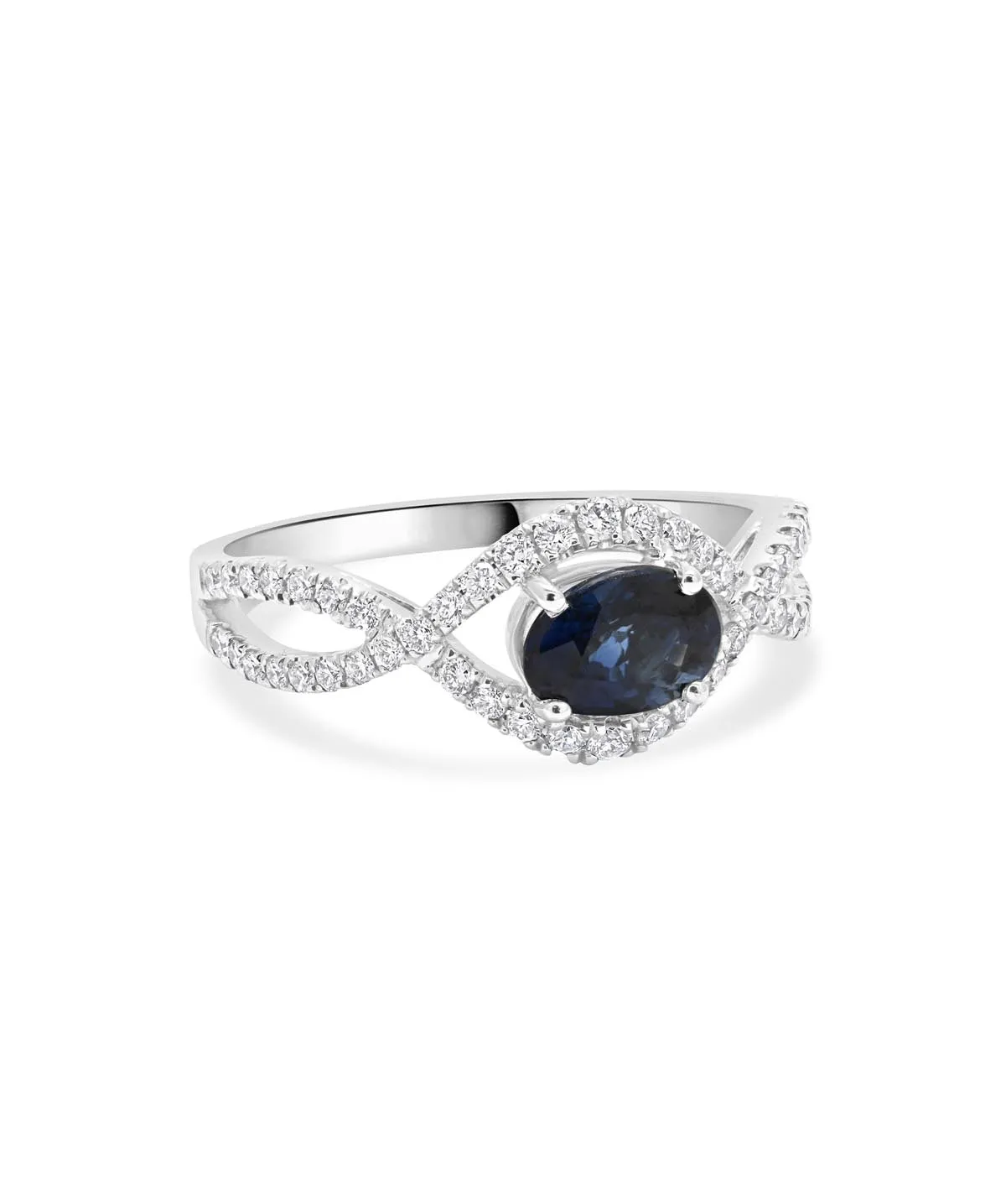 14K White Gold East West Oval Sapphire and Diamond Twist Band Ring