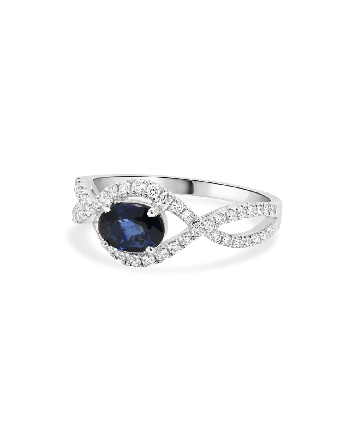 14K White Gold East West Oval Sapphire and Diamond Twist Band Ring