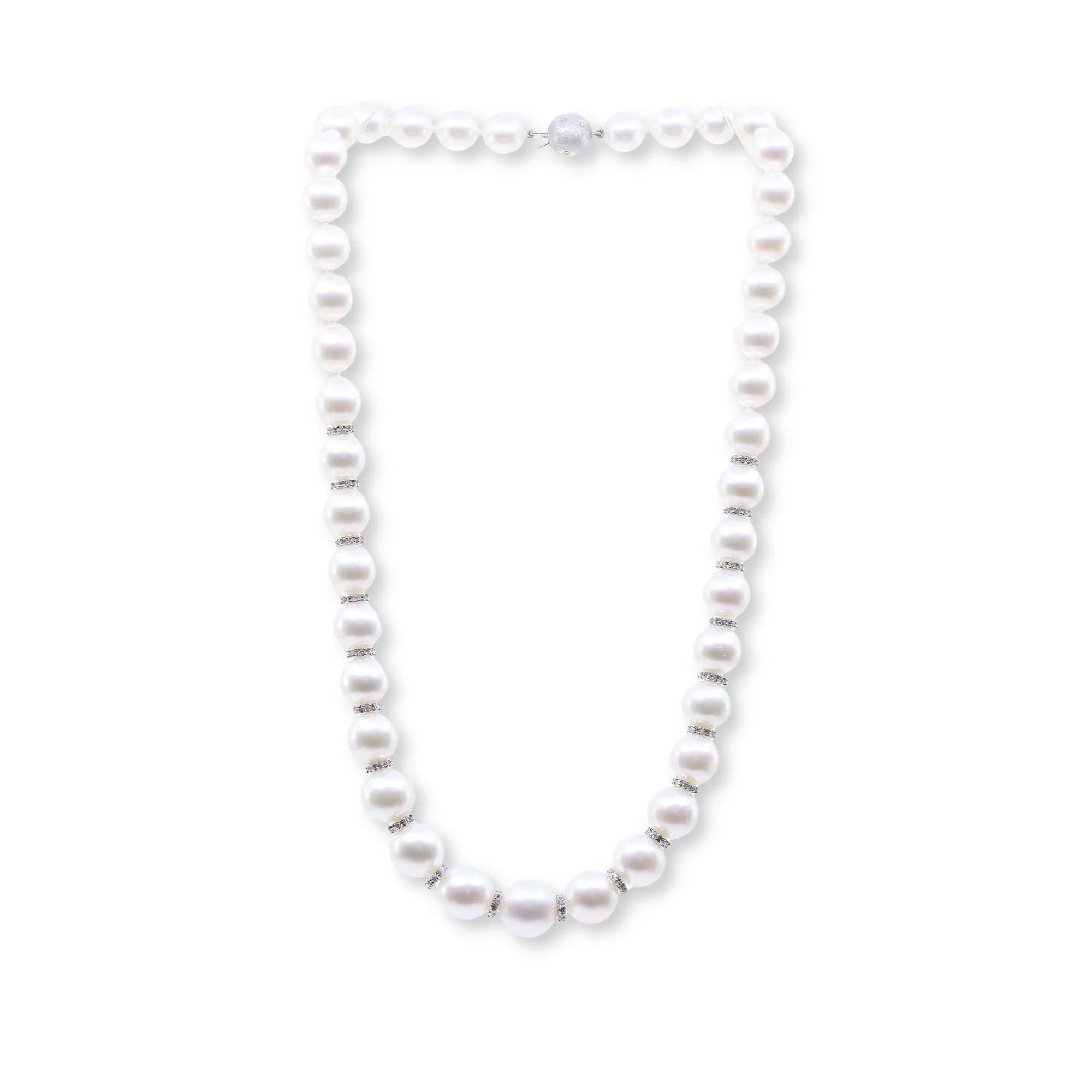 16-INCH SOUTH SEA GRADUATED PEARL AND DIAMOND RONDELLE NECKLACE