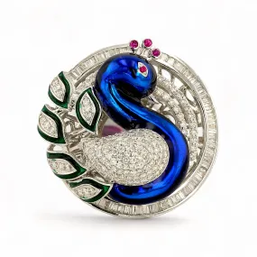 18K White gold peacock enamel with diamonds estate ring EFFY brand-28382