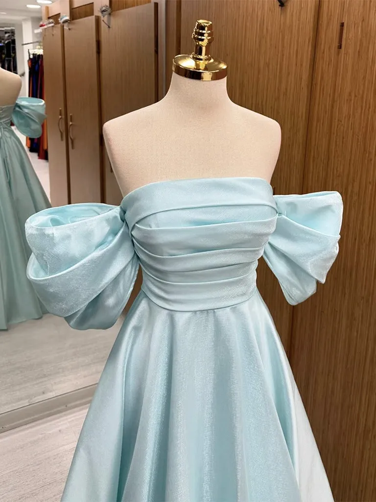 A-Line Off Shoulder Satin Blue Long Prom Dress, Blue Long Formal Dress