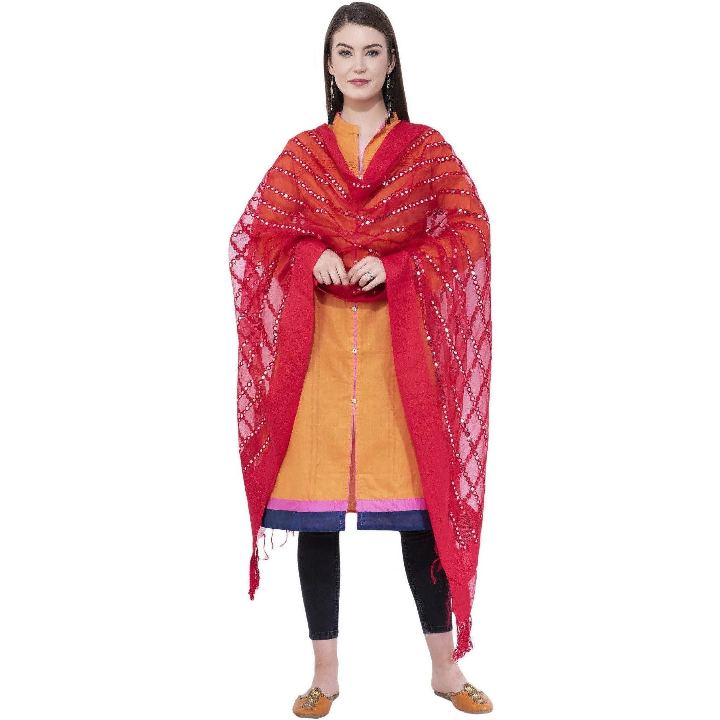 A R Silk Women's Heavy Mirror Work Orgenza Cotton Red Dupatta