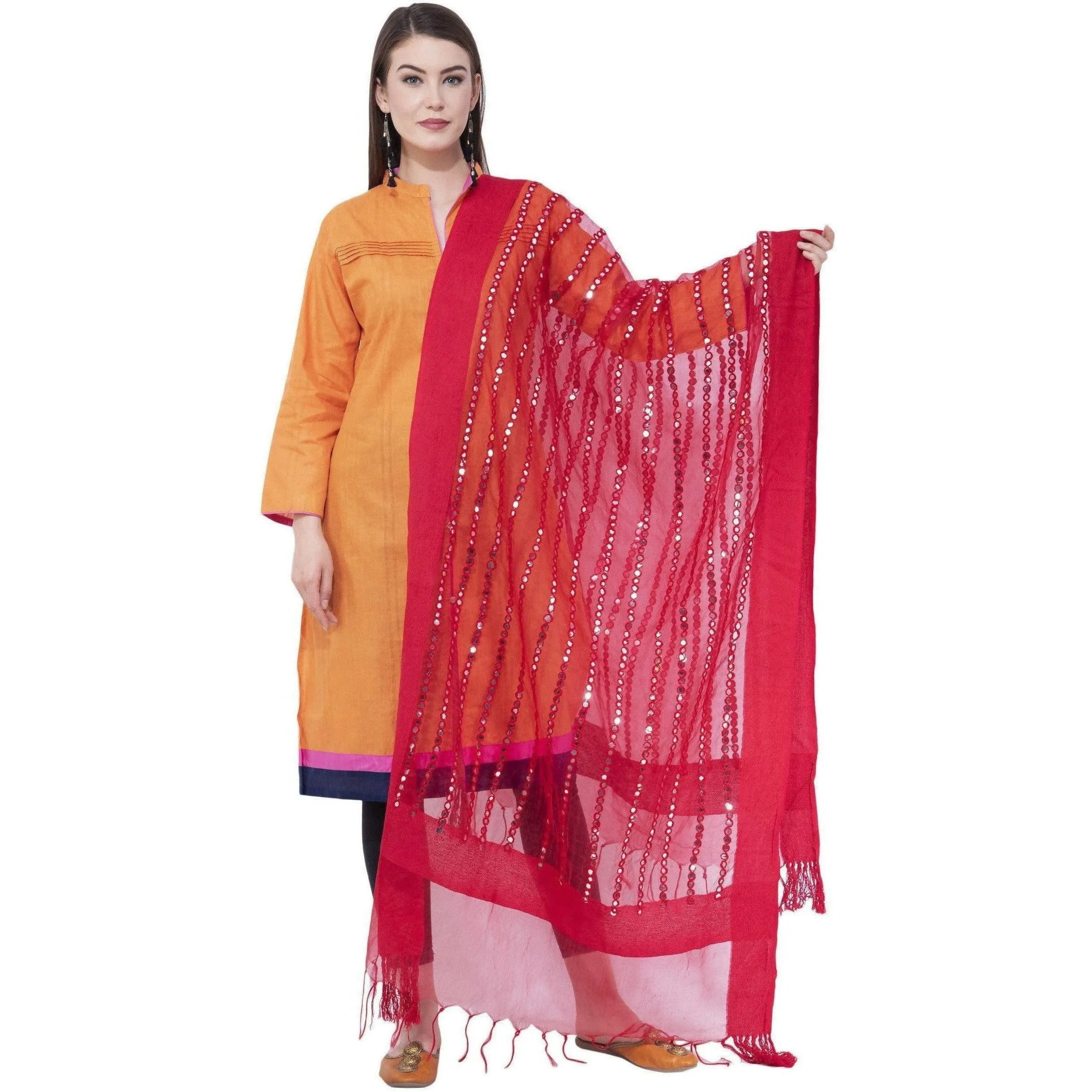 A R Silk Women's Heavy Mirror Work Orgenza Cotton Red Dupatta