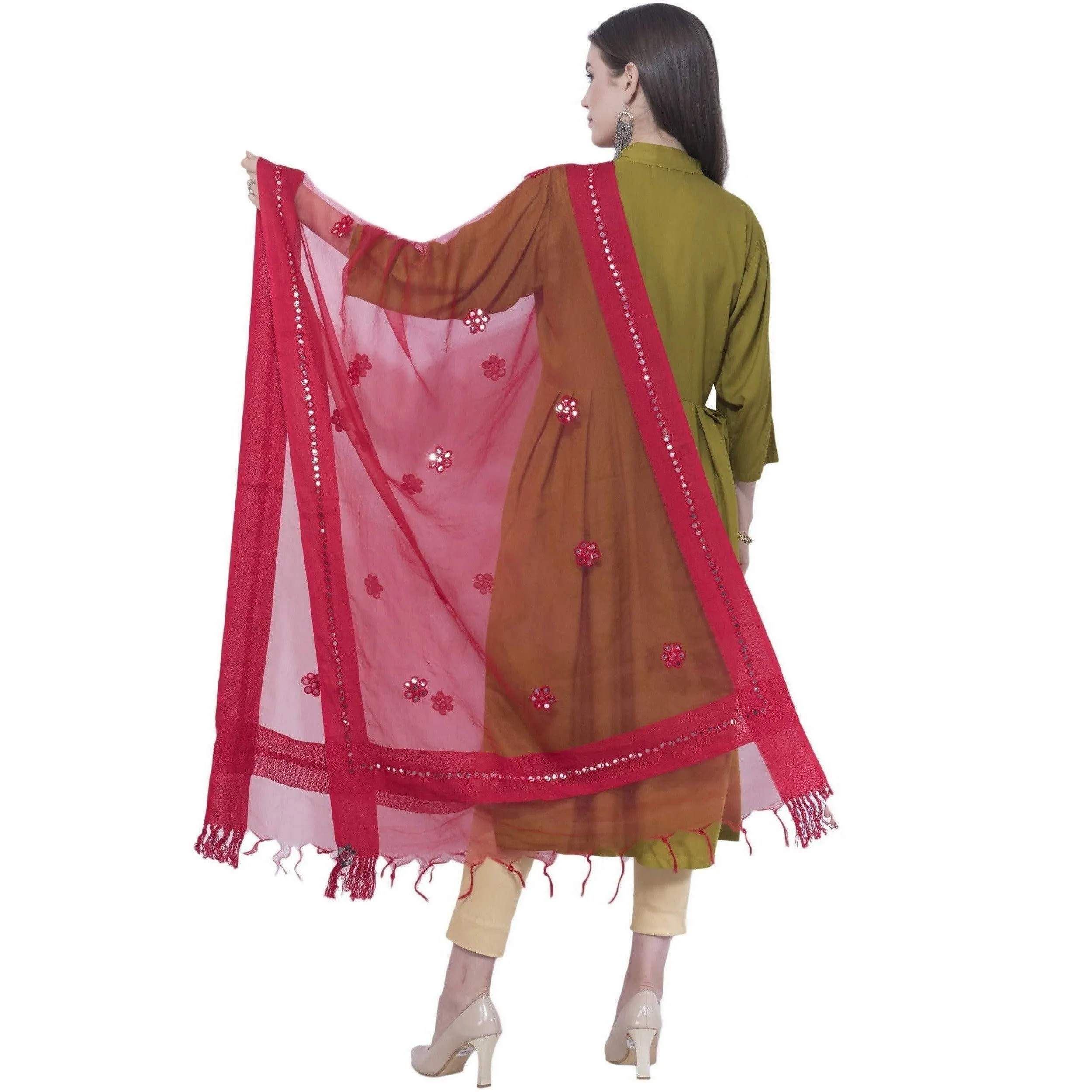 A R Silk Women's Mirror Work Orgenza Cotton Red Dupattas and Chunnis