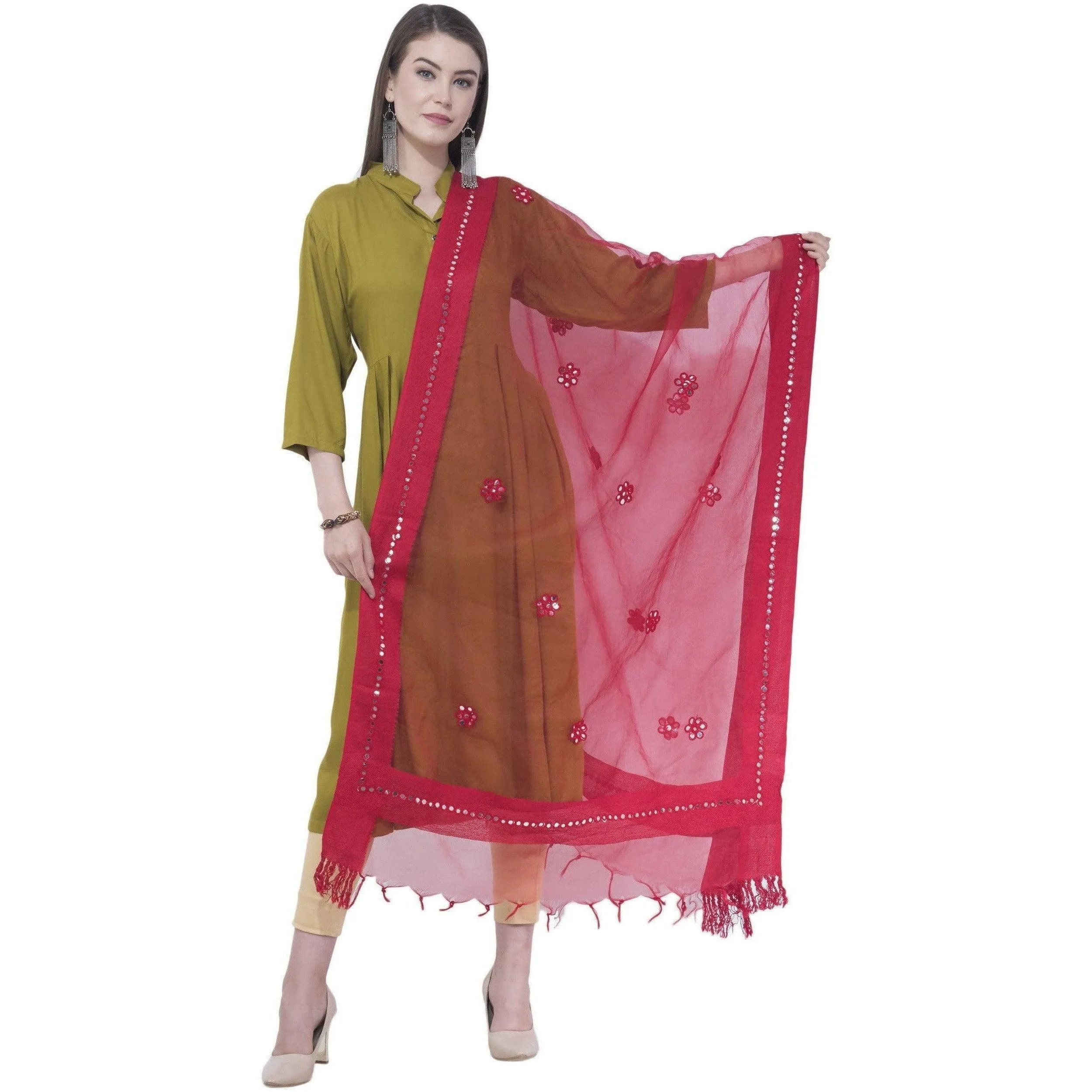 A R Silk Women's Mirror Work Orgenza Cotton Red Dupattas and Chunnis