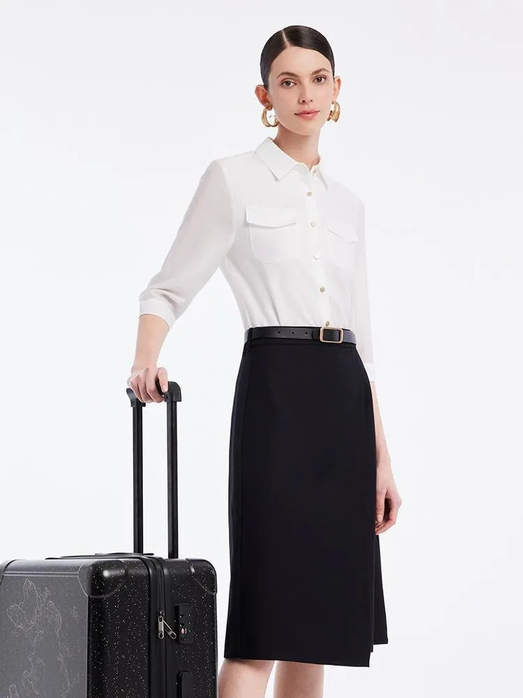 Acetate Shirt And Half Women Skirt With Leather Belt Two-Piece Set