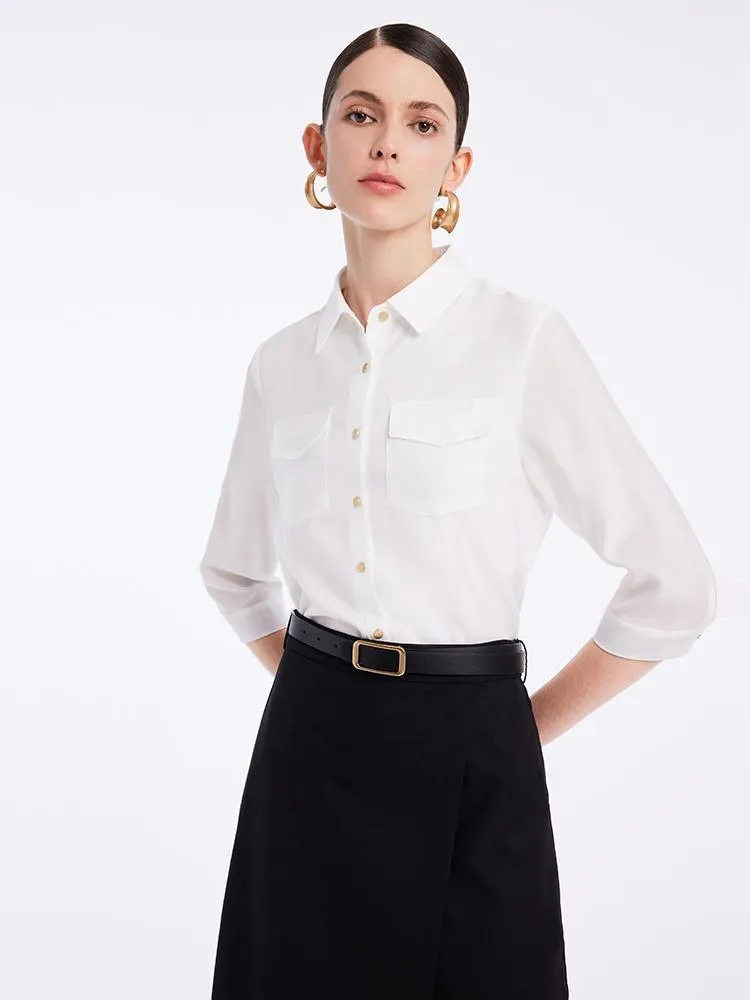 Acetate Shirt And Half Women Skirt With Leather Belt Two-Piece Set