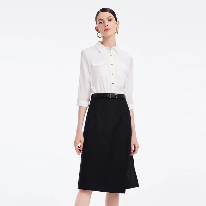 Acetate Shirt And Half Women Skirt With Leather Belt Two-Piece Set