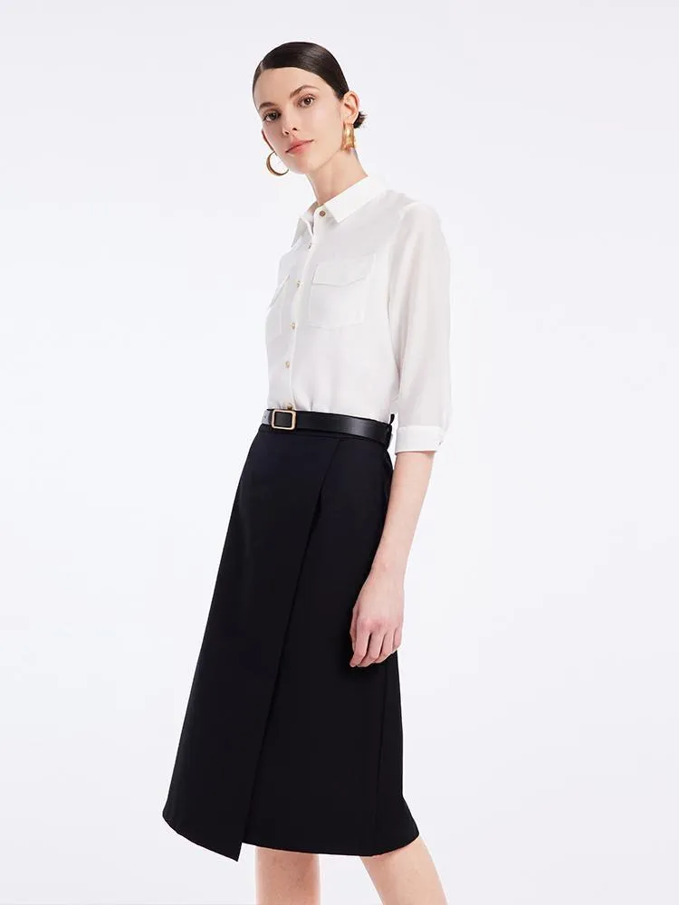 Acetate Shirt And Half Women Skirt With Leather Belt Two-Piece Set