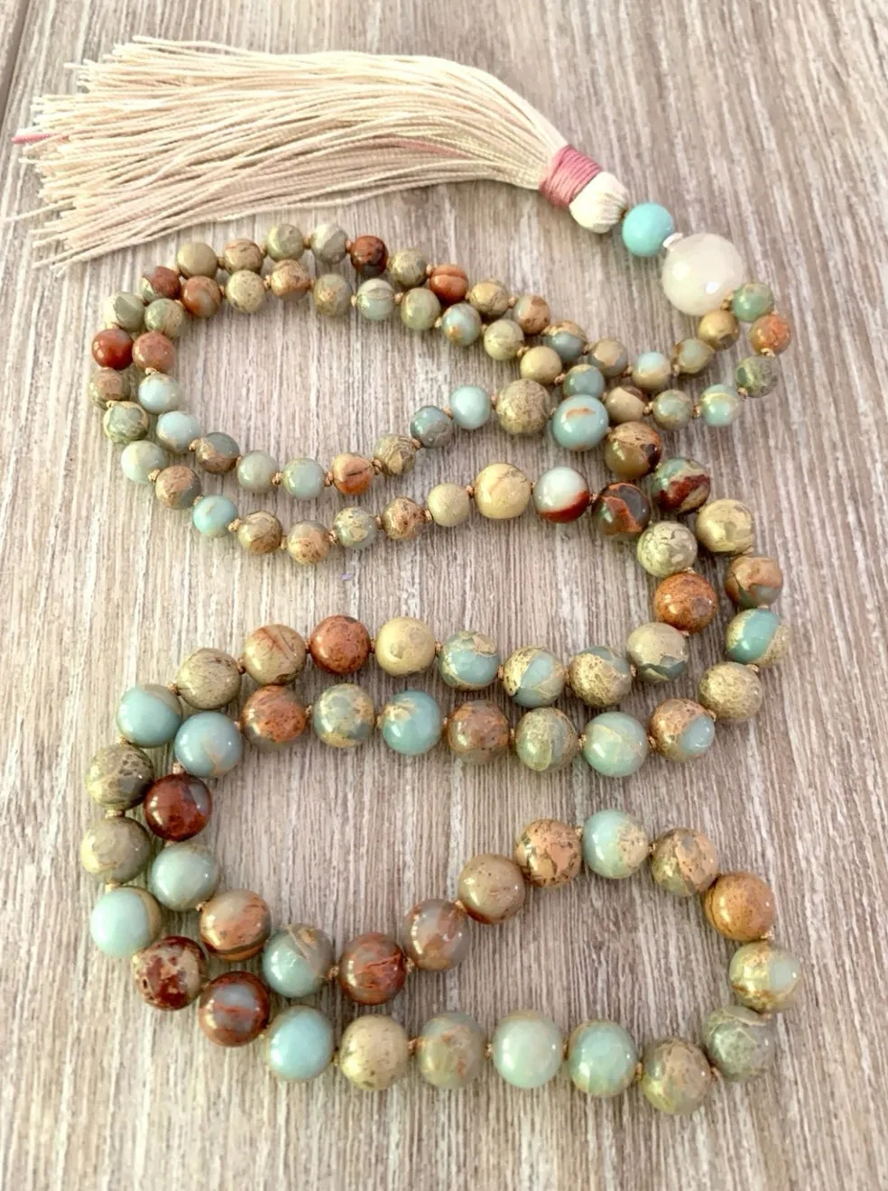 African Opal, Rose Quartz in 108 Beaded Necklace