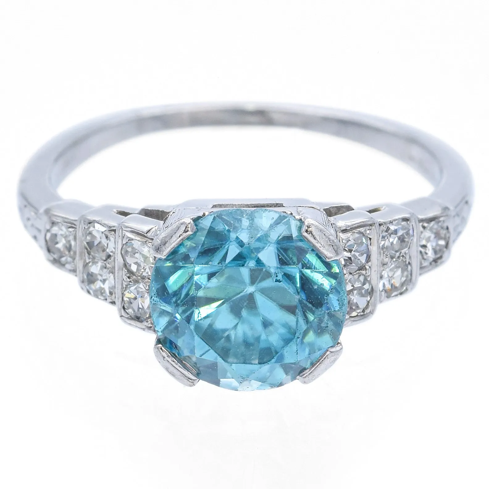 Antique Bud & Blossom 18K White Gold Blue Zircon & Diamond Band Ring Size 4.25