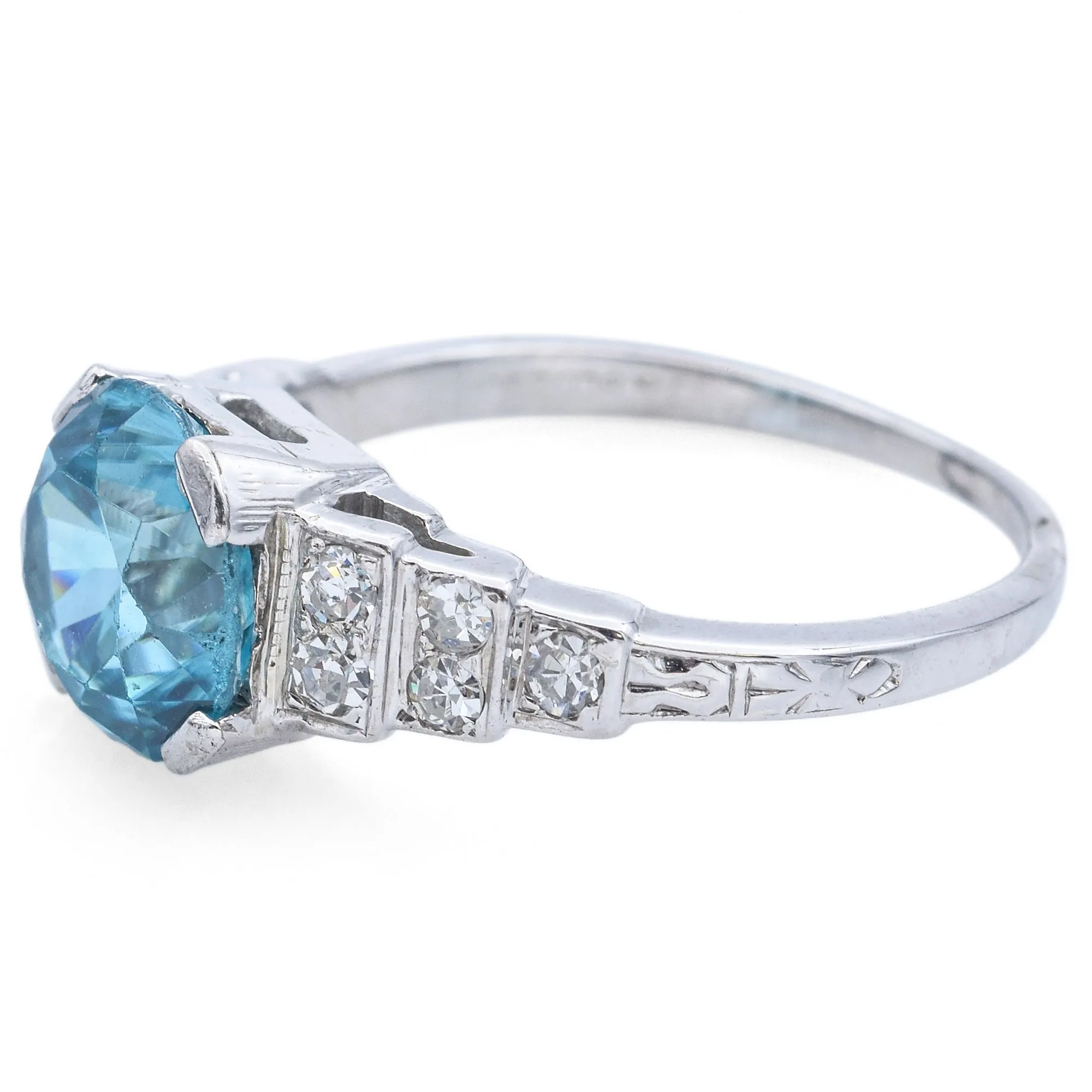 Antique Bud & Blossom 18K White Gold Blue Zircon & Diamond Band Ring Size 4.25