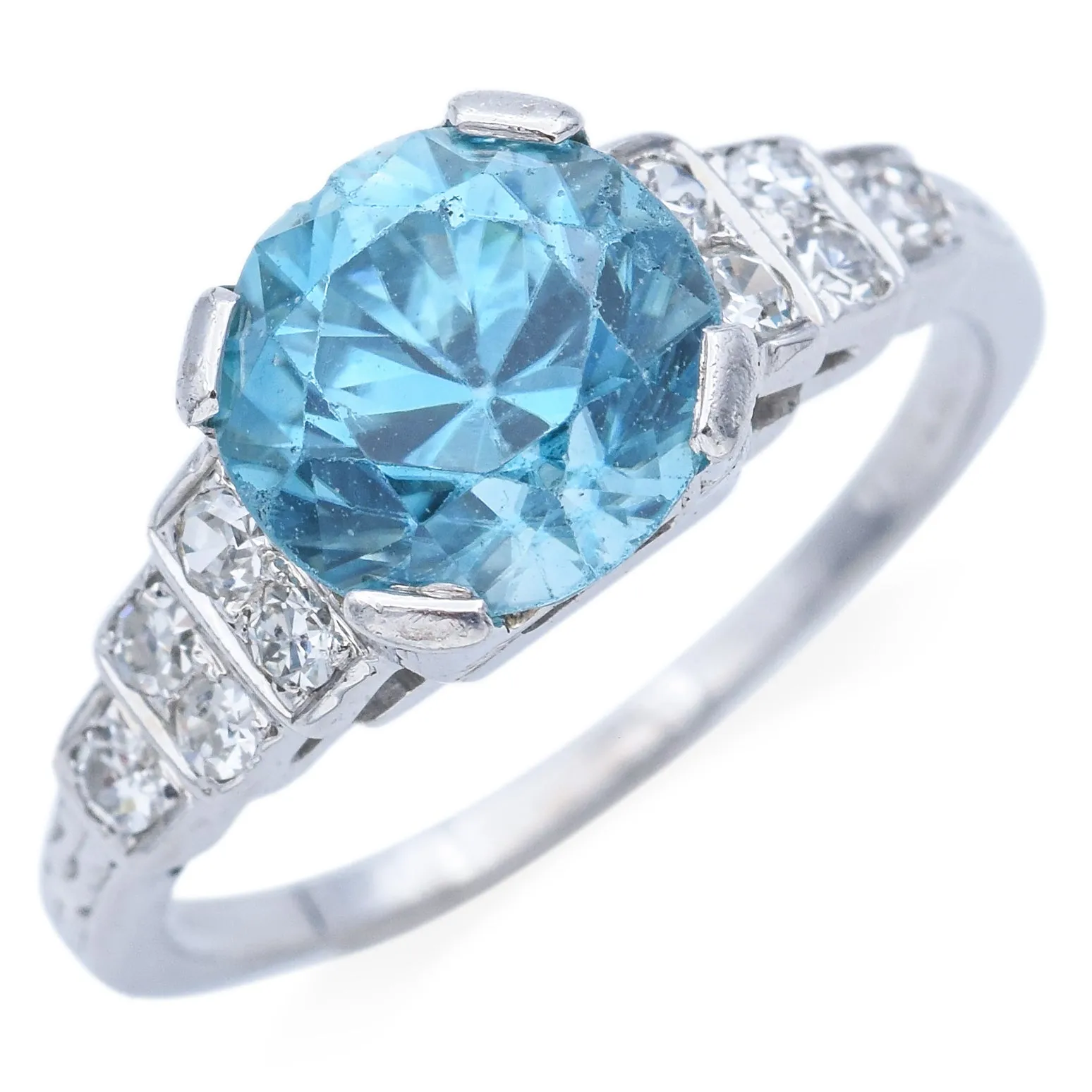 Antique Bud & Blossom 18K White Gold Blue Zircon & Diamond Band Ring Size 4.25