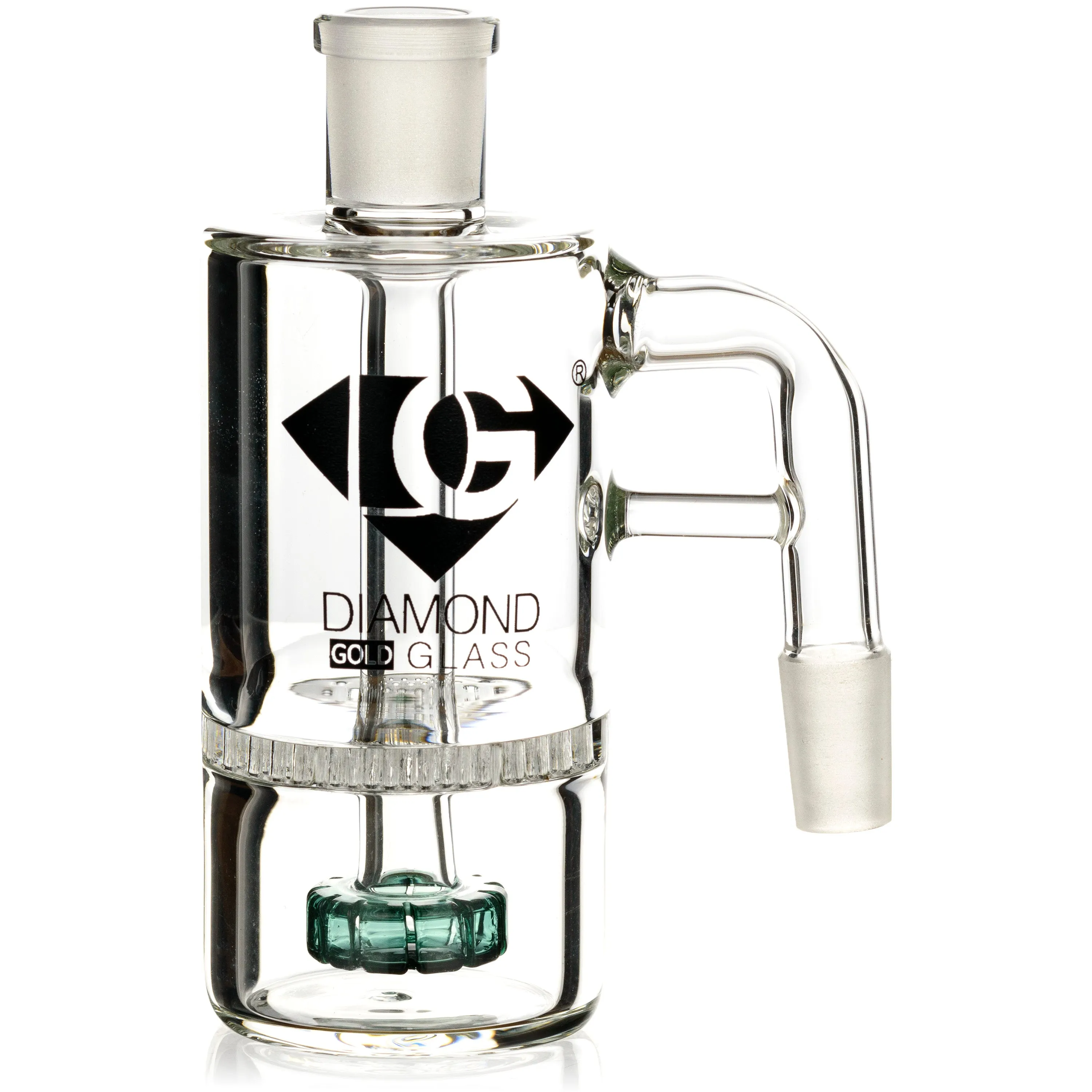 Ash Catcher w/ 14mm Joint, 90 Angle, Honeycomb to Showerhead, by Diamond Glass