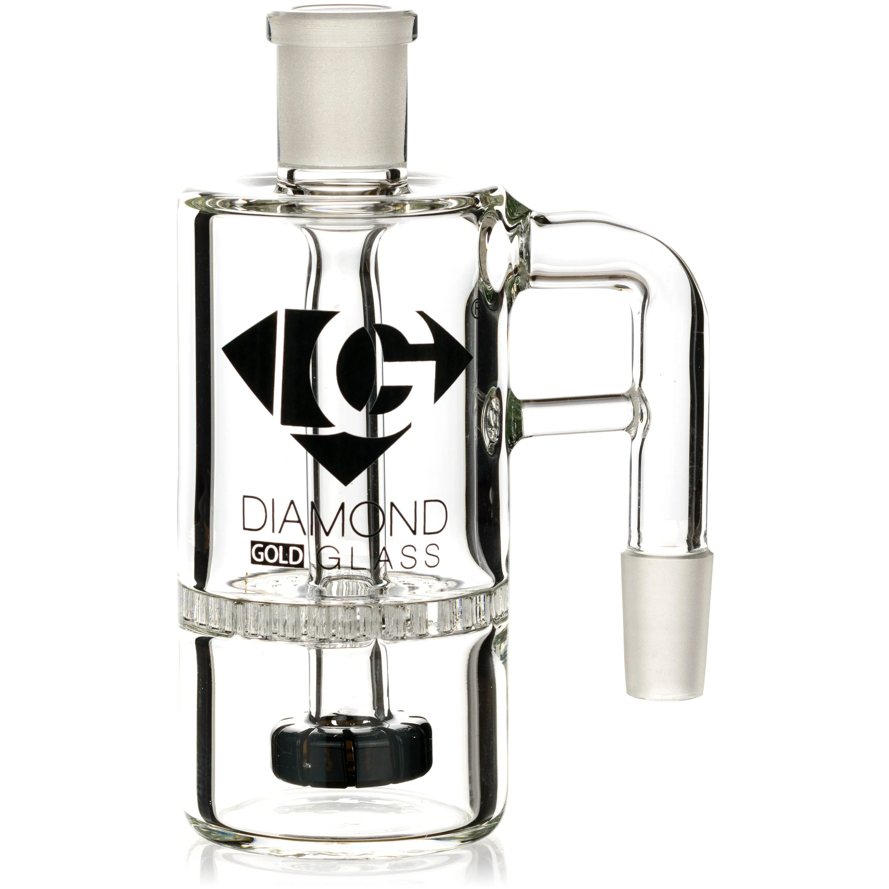 Ash Catcher w/ 14mm Joint, 90 Angle, Honeycomb to Showerhead, by Diamond Glass