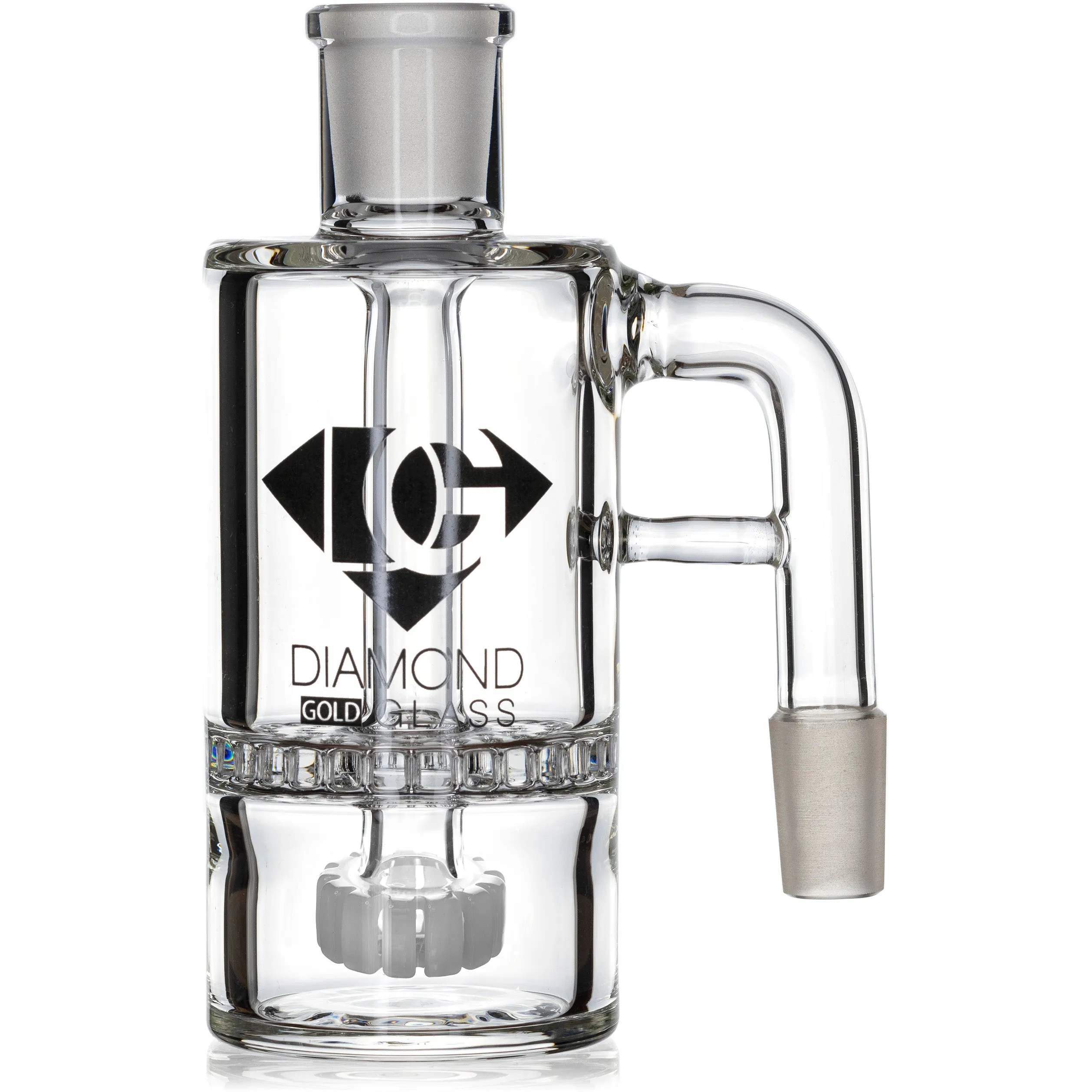 Ash Catcher w/ 14mm Joint, 90 Angle, Honeycomb to Showerhead, by Diamond Glass