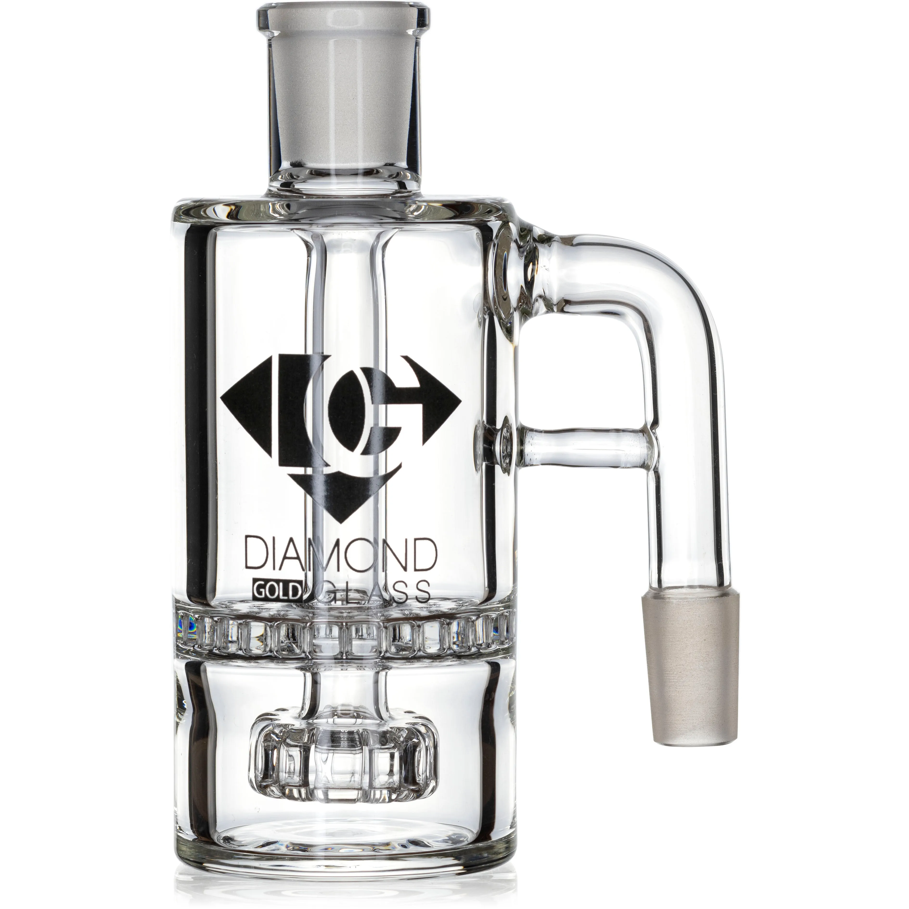 Ash Catcher w/ 14mm Joint, 90 Angle, Honeycomb to Showerhead, by Diamond Glass