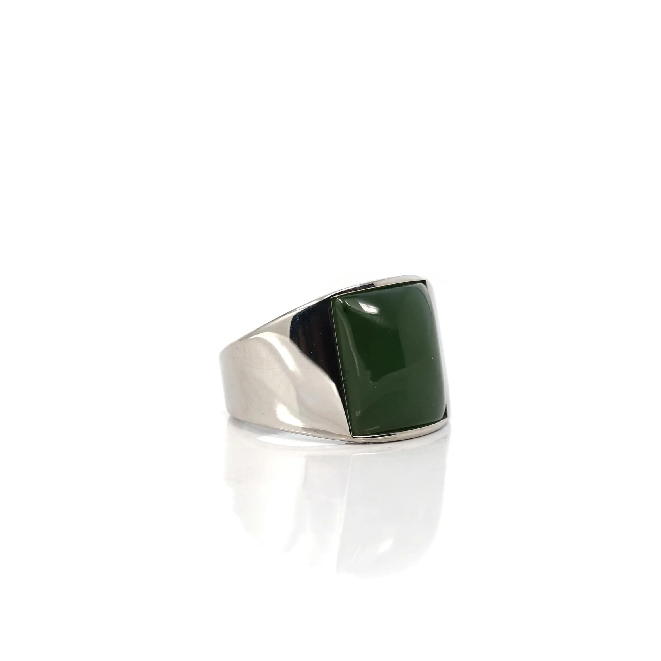 Baikalla Stainless Steel Cabochon Green Nephrite Jade Men's Signet Ring