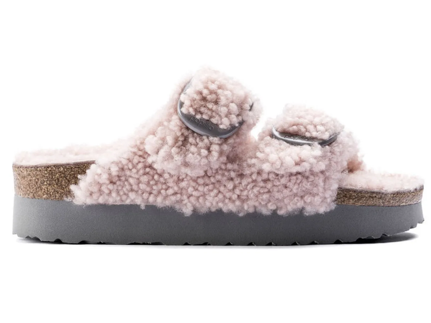 Birkenstock: Arizona Platform Big Buckle in Teddy Crystal Rose Shearling