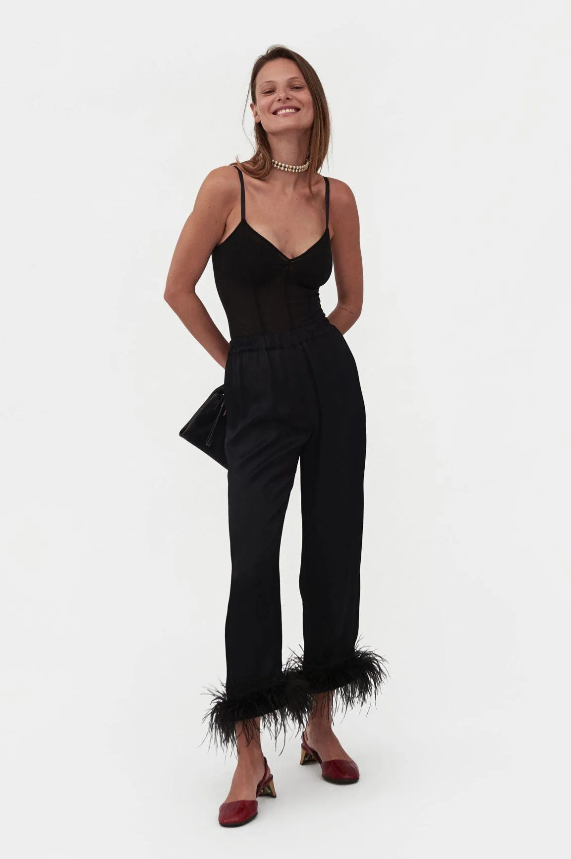 Black feather-trimmed Party Pajama Set