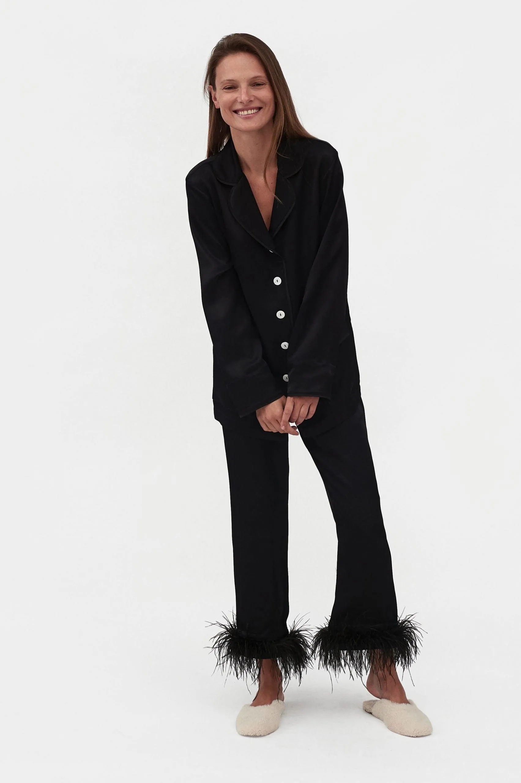 Black feather-trimmed Party Pajama Set