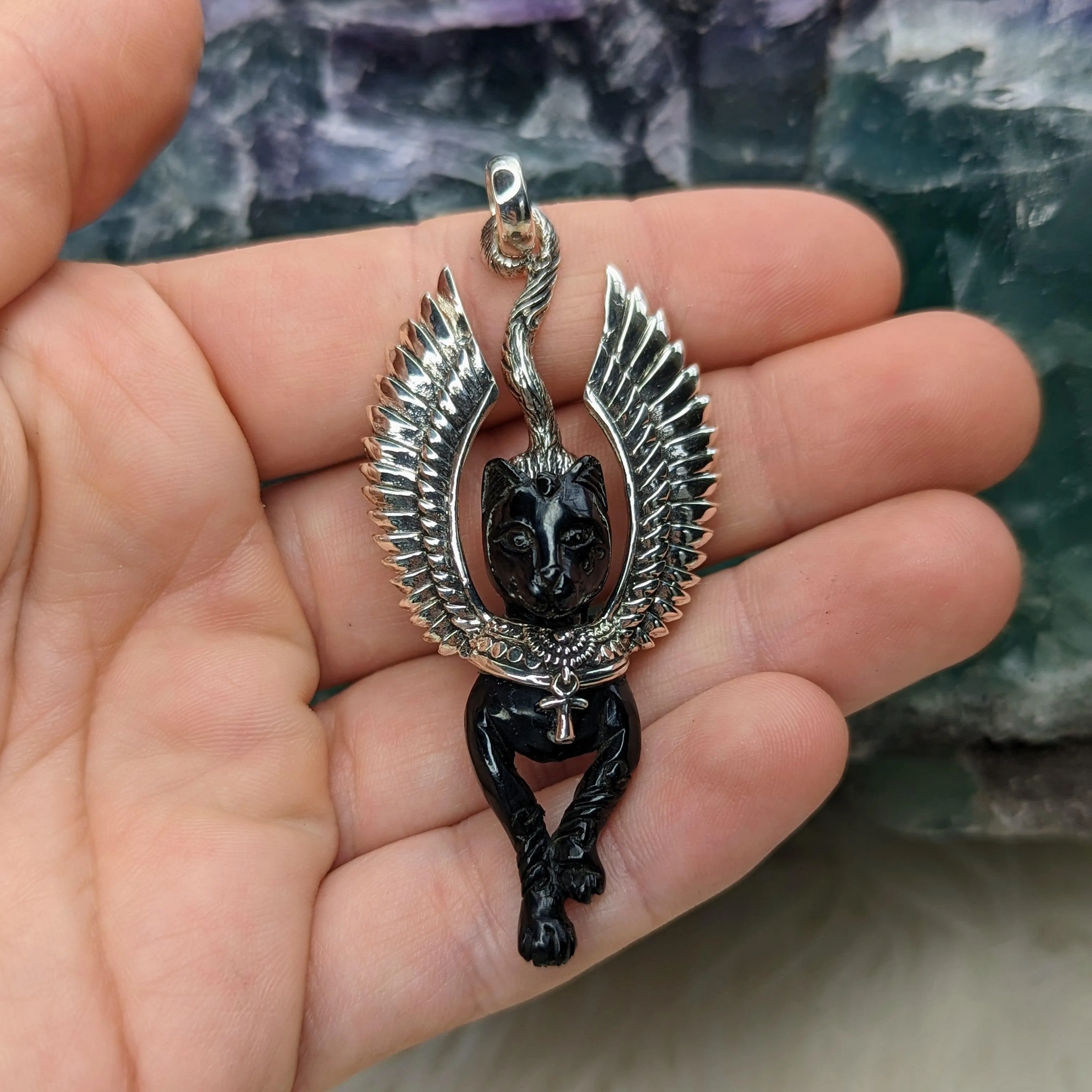 Bone Carving of Bastet ~ Egyptian Goddess~ Sterling Silver Pendant ~ Chain Included