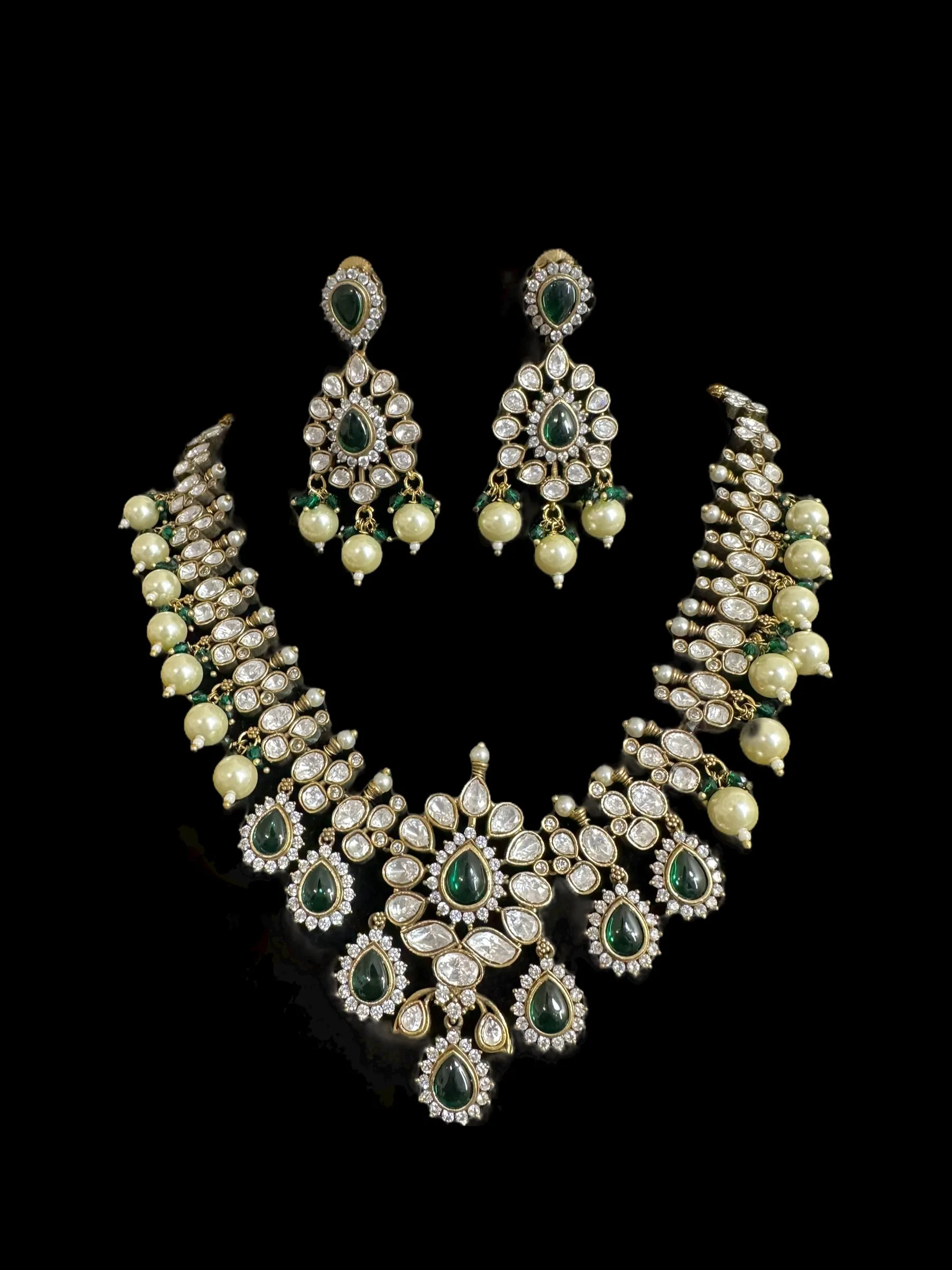 BR303 High quality Polki necklace set with tika - green  ( READY TO SHIP )