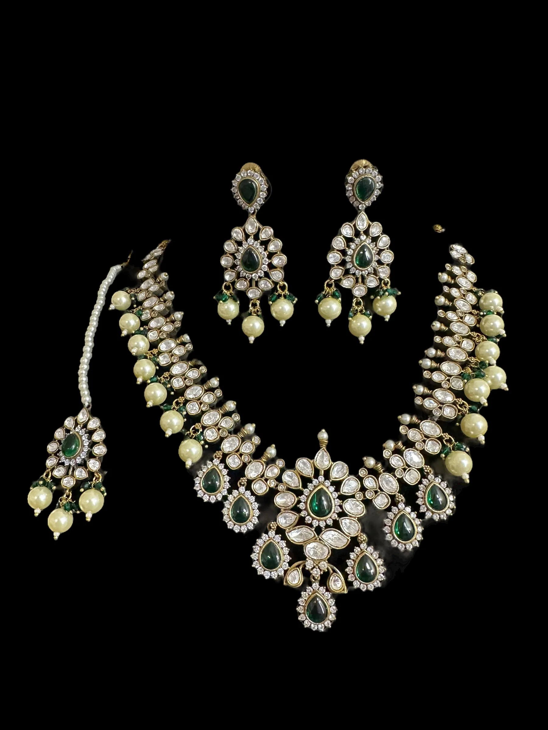 BR303 High quality Polki necklace set with tika - green  ( READY TO SHIP )