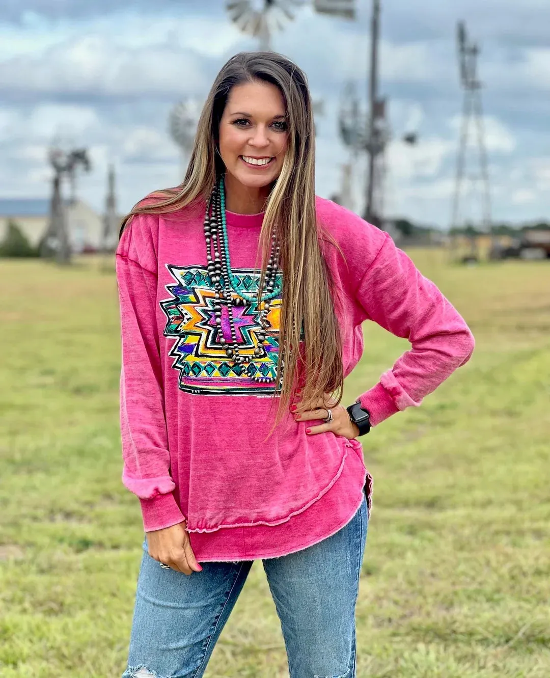 Callie Ann Stelter Neon Aztec Rasberry Sweatshirt