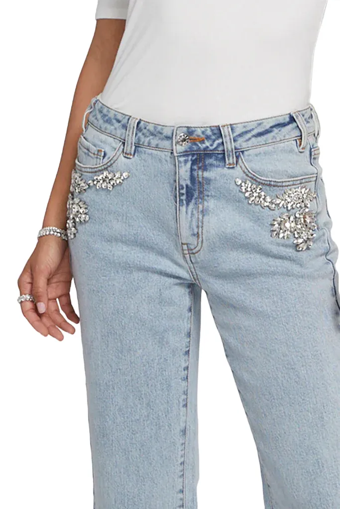 Carolyn Crystal Denim Pants - Light Blue