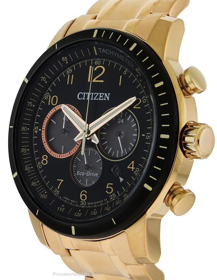 Citizen Eco-Drive Mens Chronograph - Black Dial - Bracelet - Rose Gold - 100m