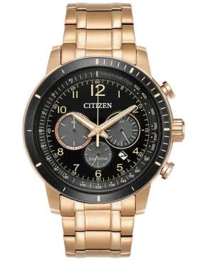 Citizen Eco-Drive Mens Chronograph - Black Dial - Bracelet - Rose Gold - 100m