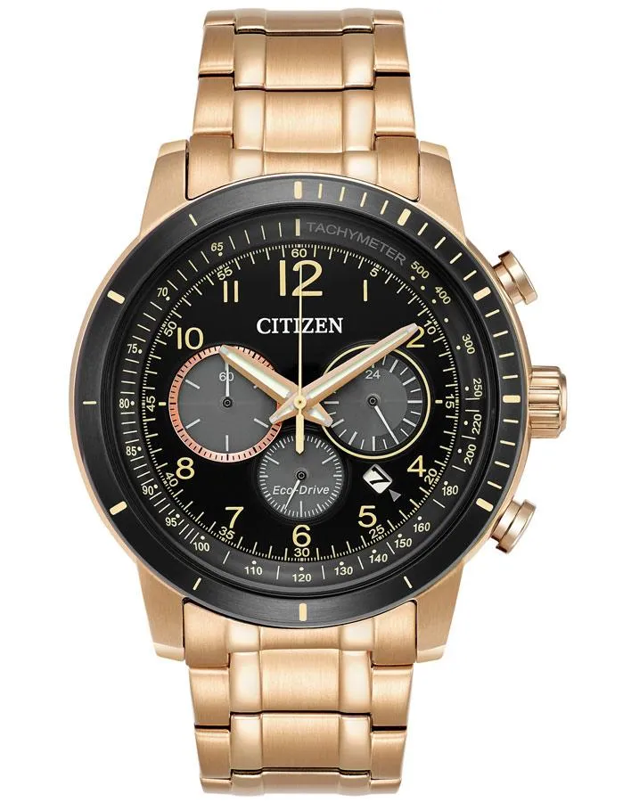 Citizen Eco-Drive Mens Chronograph - Black Dial - Bracelet - Rose Gold - 100m