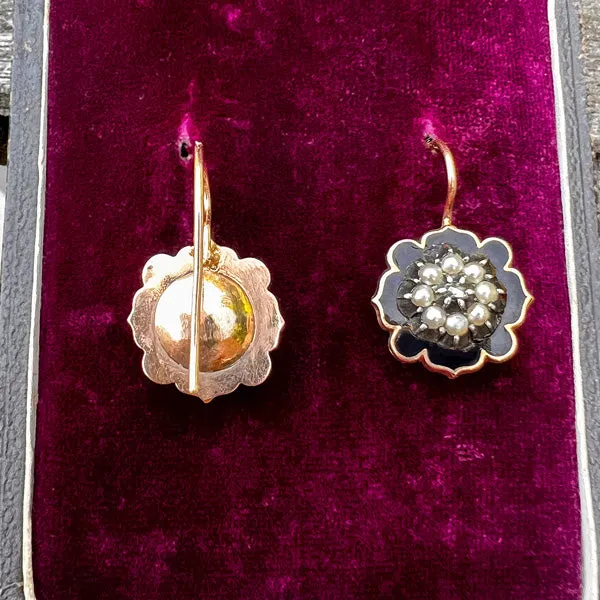 Early Victorian Diamond, Pearl & Enamel Drop Earrings