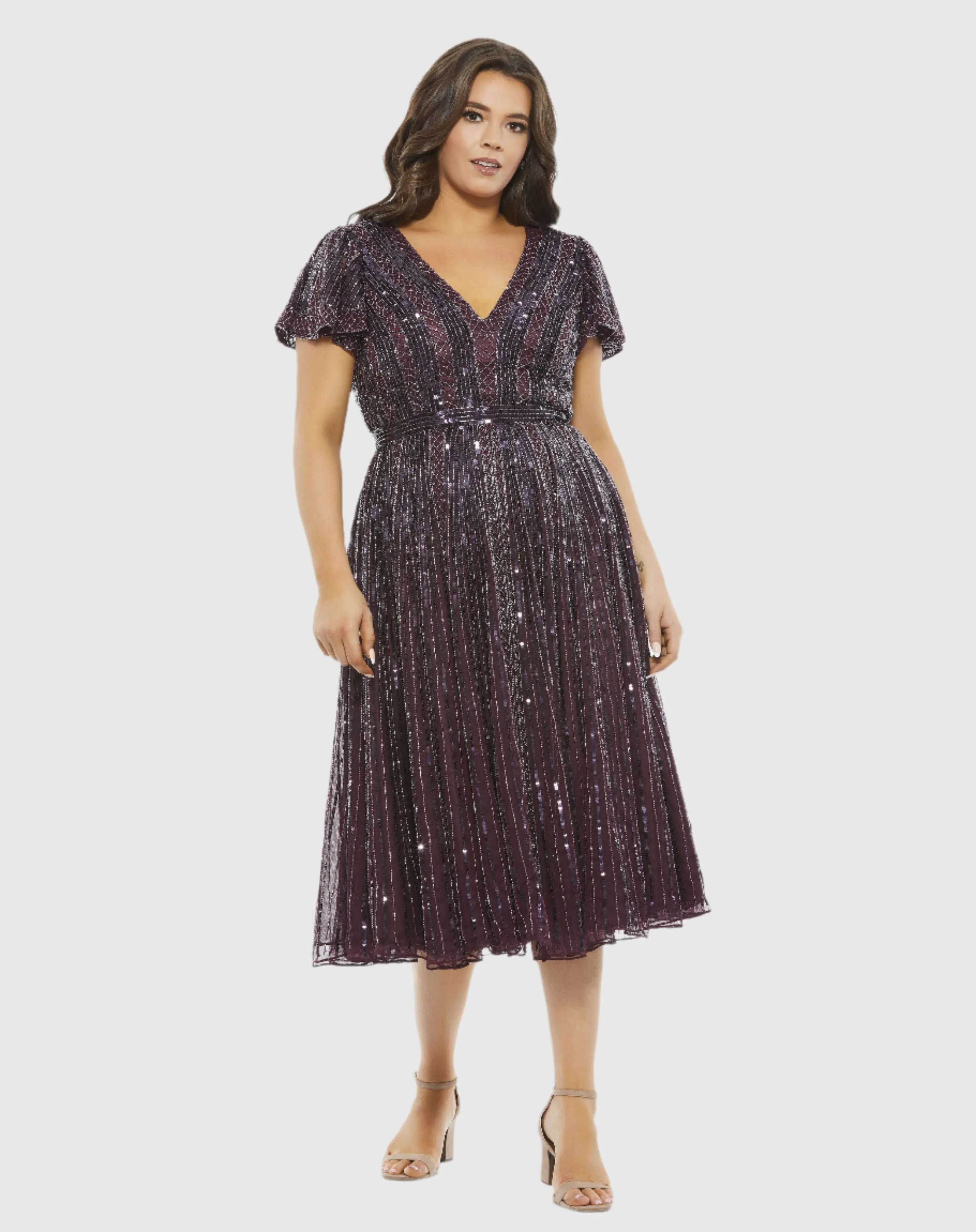 Embellished Butterfly Sleeve V-Neck Cocktail Dress (Plus)