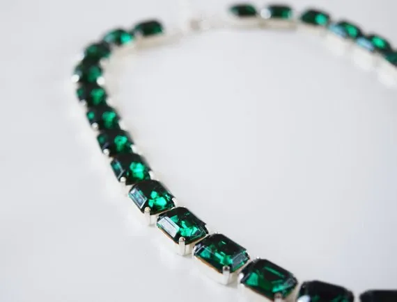 Emerald Green Crystal Collet Necklace - Small Octagon