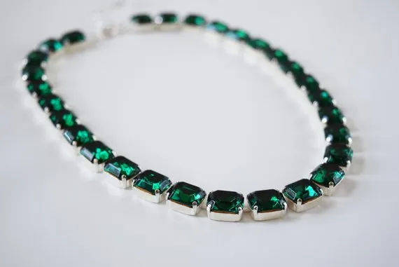 Emerald Green Crystal Collet Necklace - Small Octagon