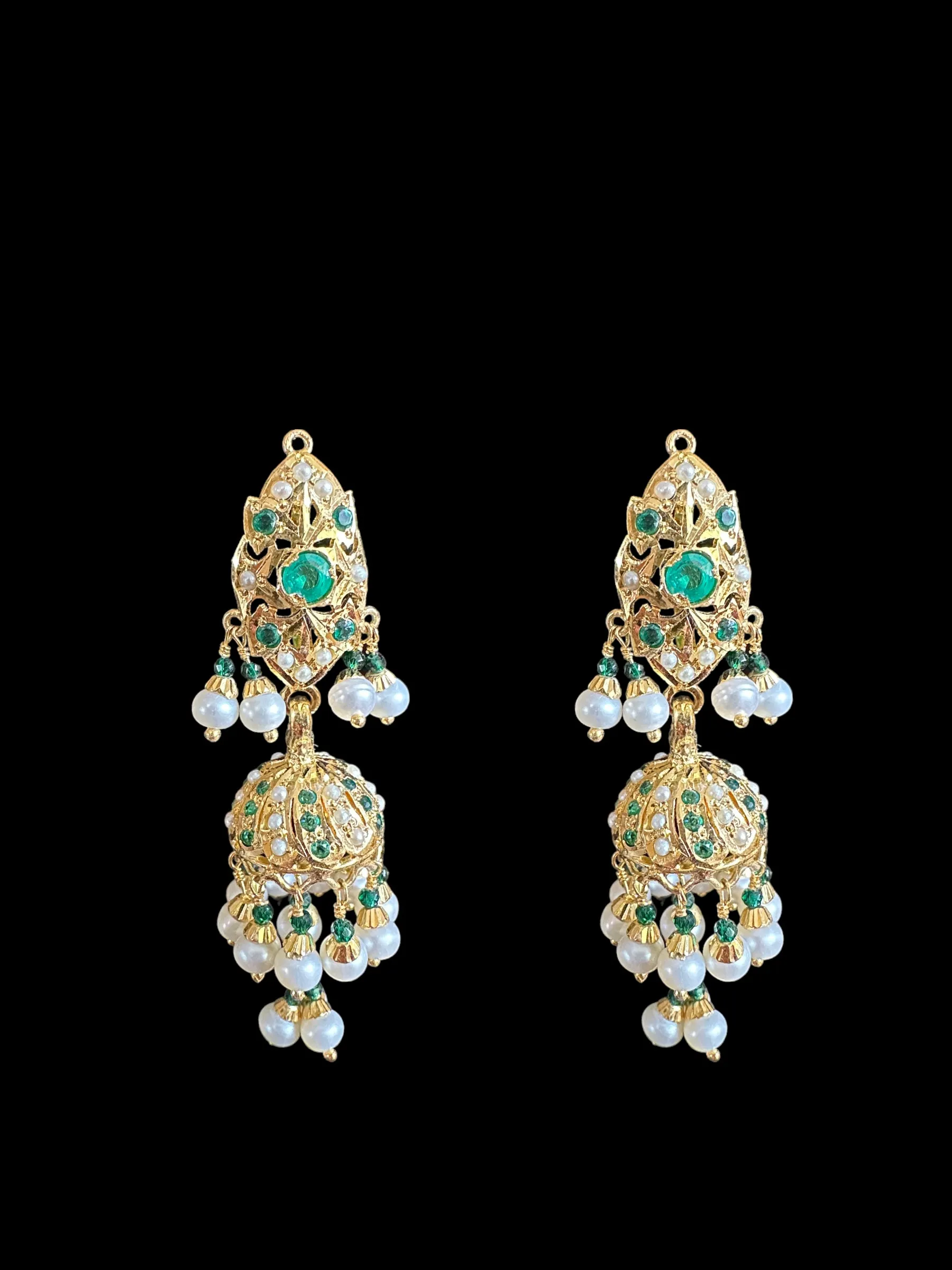 Emerald pearl short jadau necklace with jhumka earrings in gold plated silver ( READY TO SHIP)