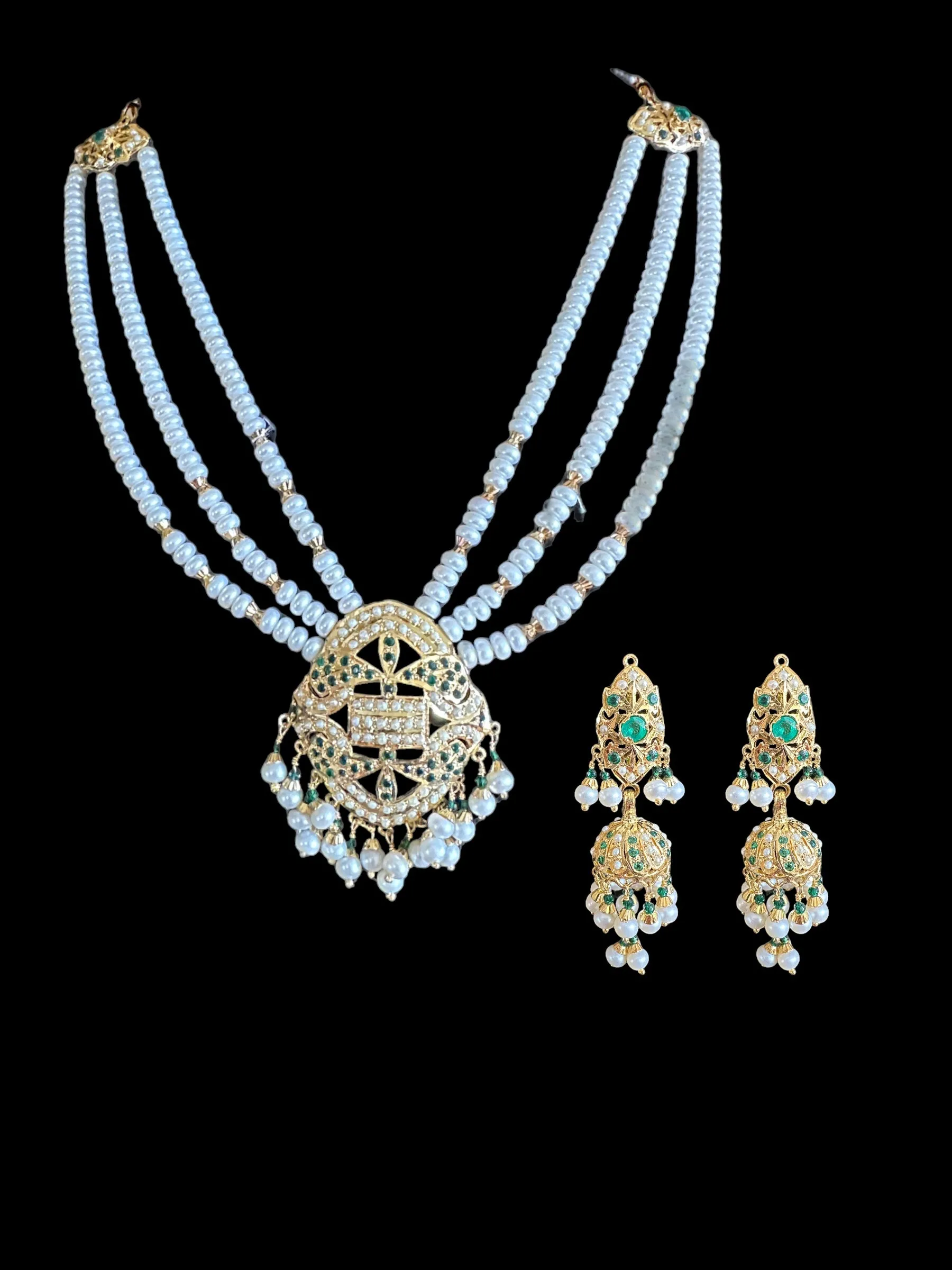 Emerald pearl short jadau necklace with jhumka earrings in gold plated silver ( READY TO SHIP)