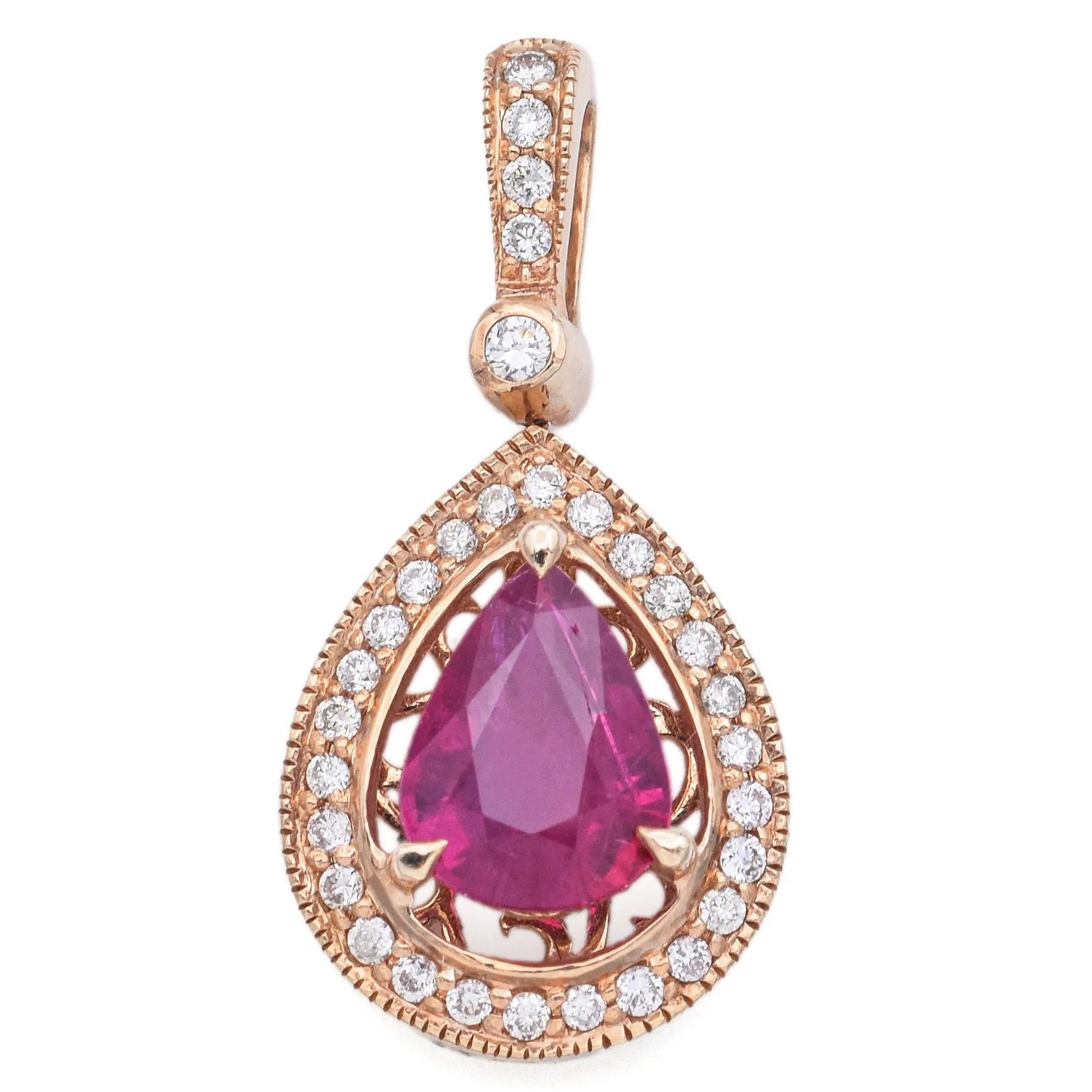 Estate 14K Yellow Gold 1.92 Ct Ruby & 0.27 TCW Diamond Pear Pendant